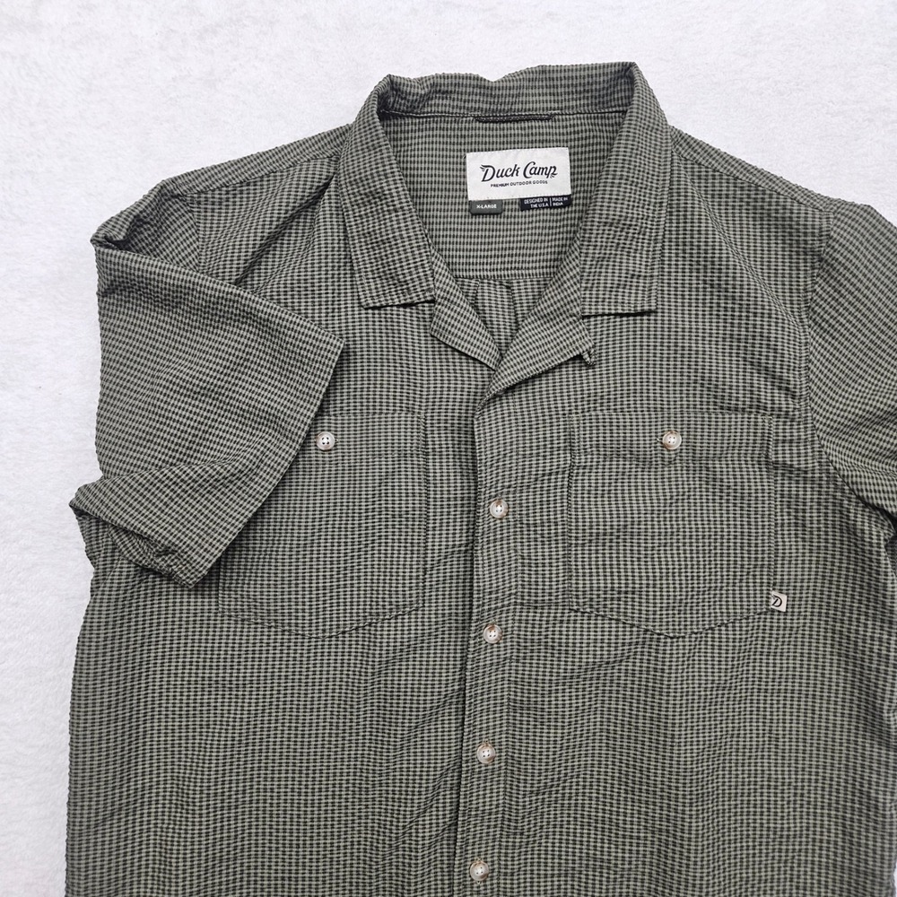 Duck Camp Mens XL Short Sleeve Button Up Shirt Olive Green Check Outdoor Pockets